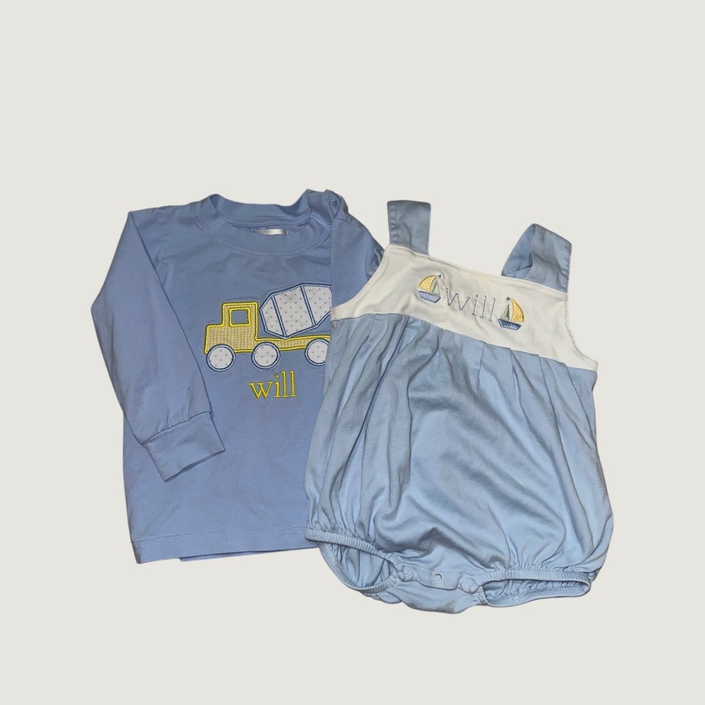 Beaufort Bonnet Cecil and Lou Boys Will Monogram Bubble Shirt Bundle 18M Blue